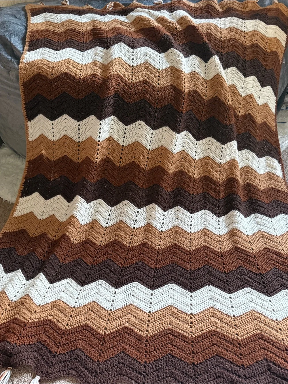 Hand Crafted Brown, Tan & White Chevron Crochet Throw Blanket